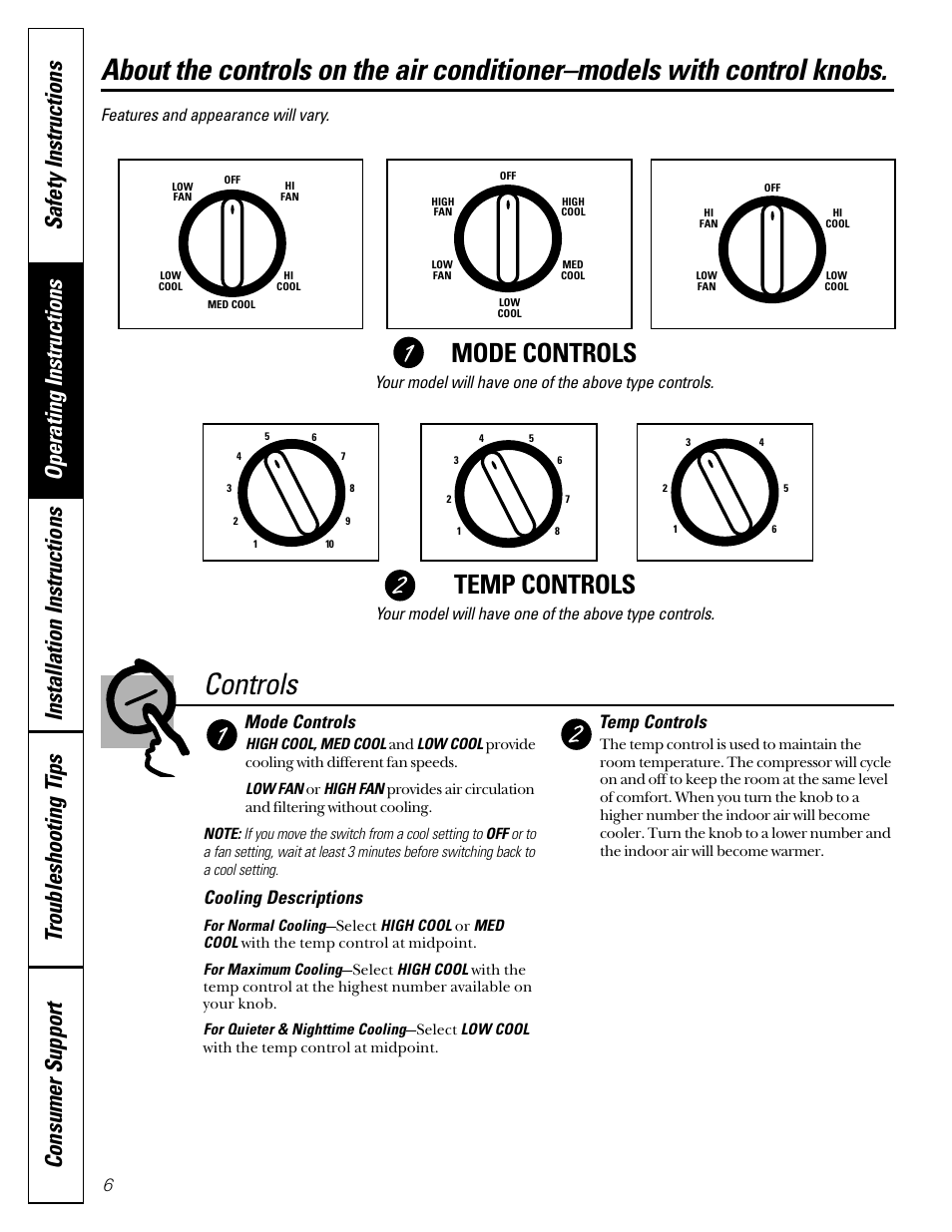 Controls—control knobs, Controls—control knobs , 7, Controls | Mode controls, Cooling descriptions, Temp controls, Features and appearance will vary | GE 49-7400 User Manual | Page 6 / 20