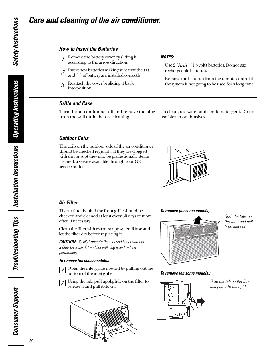Air filter, Grille and case, Outdoor coils | Care and cleaning of the air conditioner | GE 49-7400 User Manual | Page 8 / 20