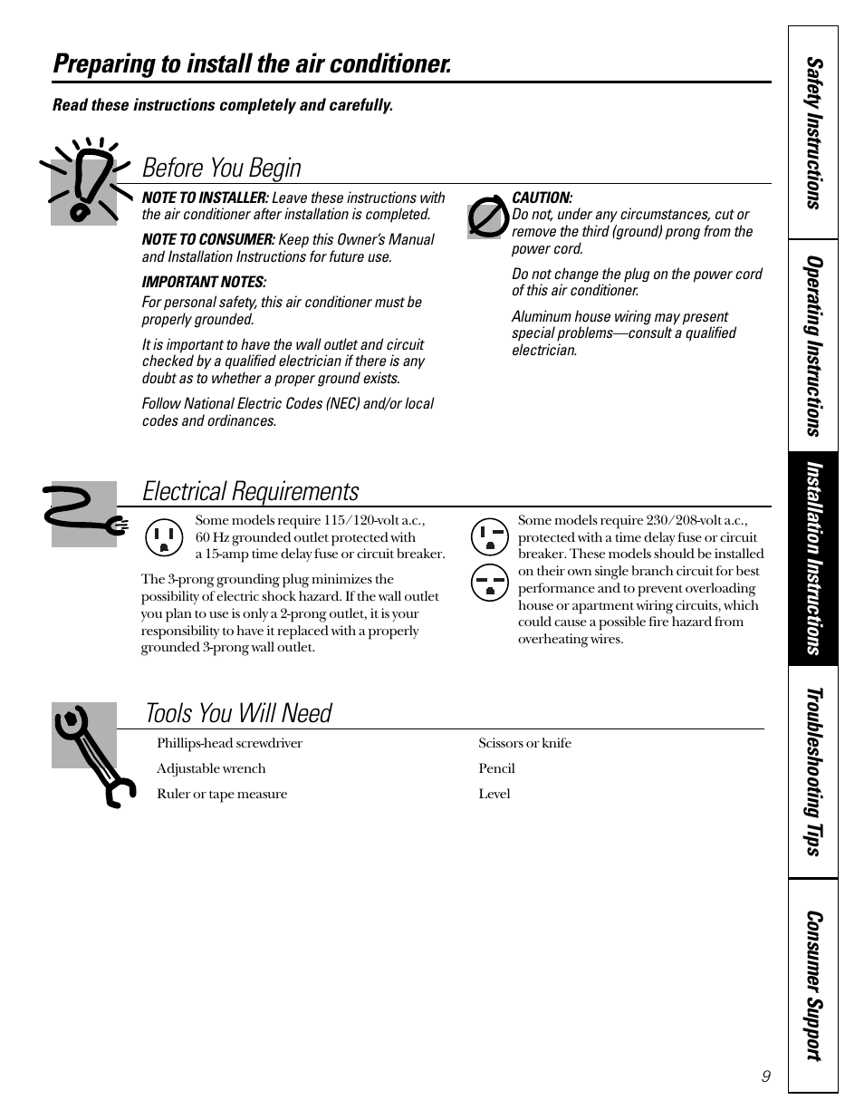 Window installation, Window installation –14, Preparing to install the air conditioner | Before you begin, Electrical requirements, Tools you will need | GE 49-7400 User Manual | Page 9 / 20