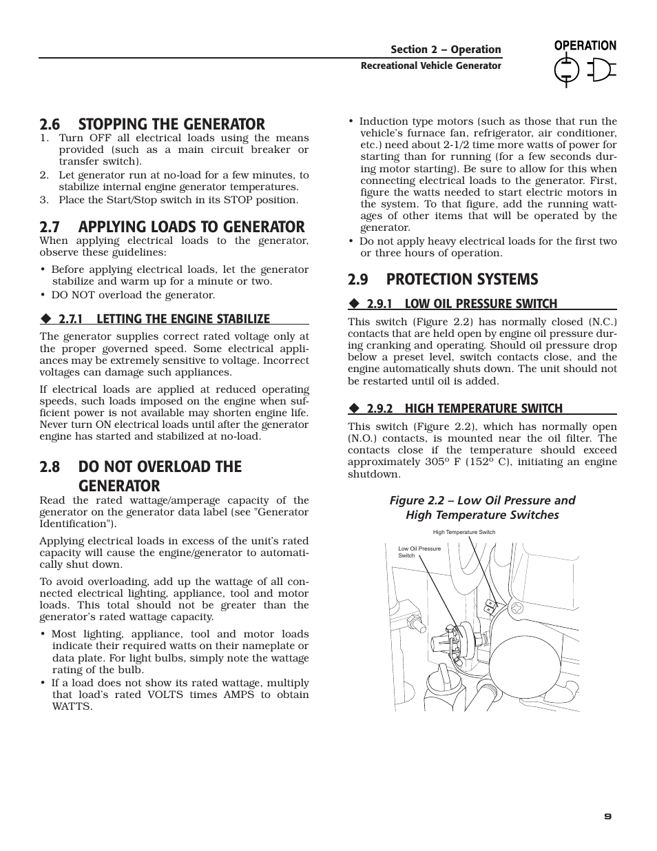 6 stopping the generator, 7 applying loads to generator, 8 do not overload the generator | 9 protection systems | Generac Power Systems 004709-0 User Manual | Page 11 / 52