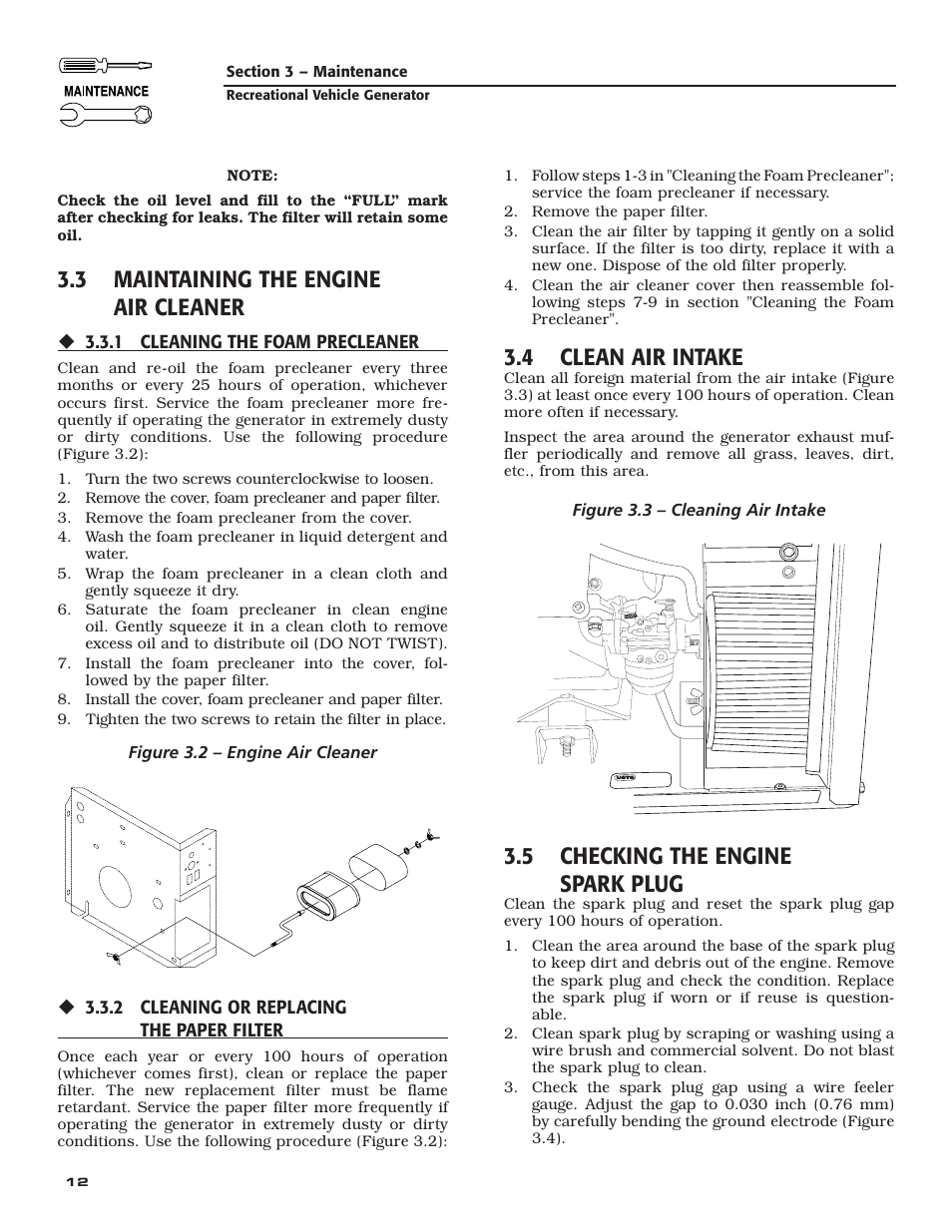 3 maintaining the engine air cleaner, 4 clean air intake, 5 checking the engine spark plug | Generac Power Systems 004709-0 User Manual | Page 14 / 52
