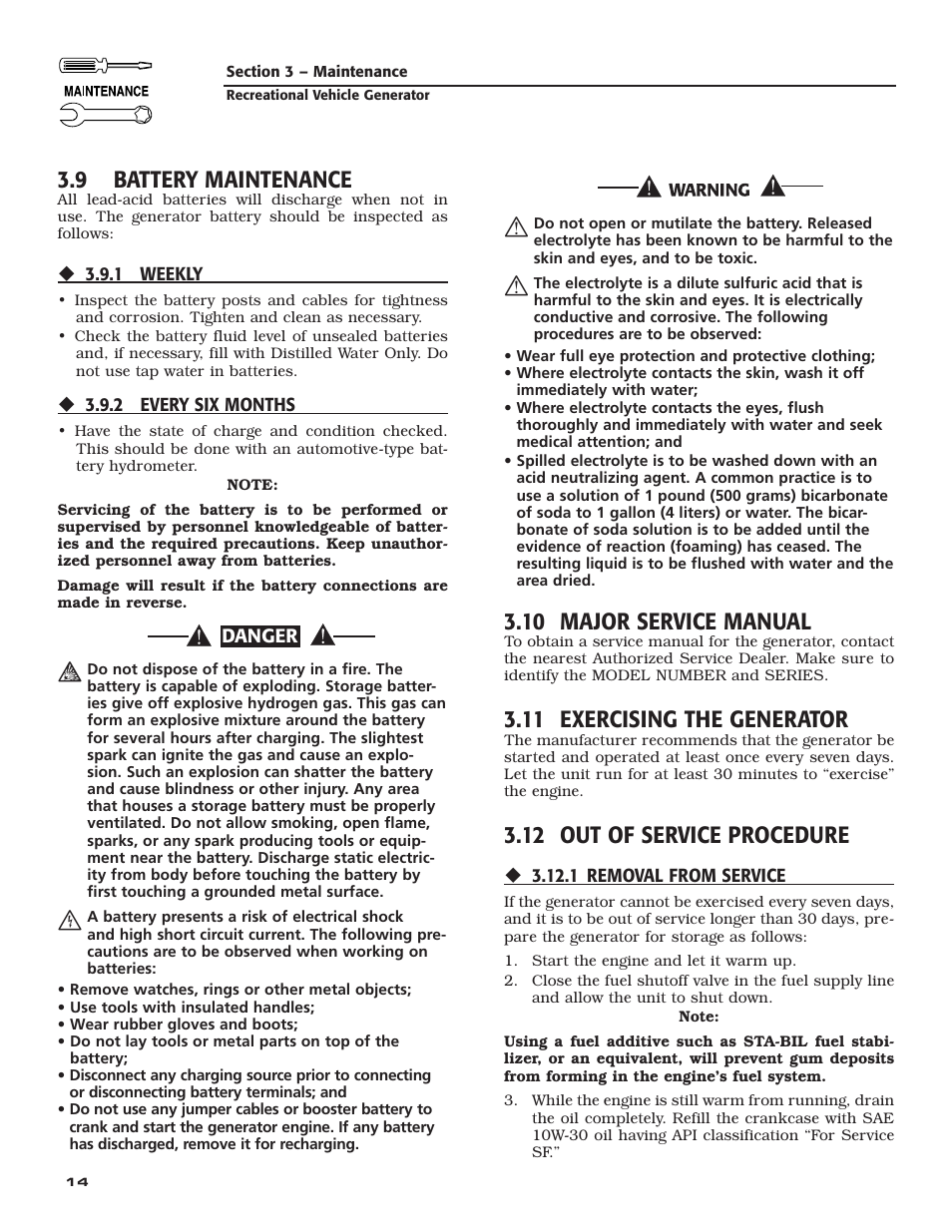 9 battery maintenance, 10 major service manual, 11 exercising the generator | 12 out of service procedure | Generac Power Systems 004709-0 User Manual | Page 16 / 52