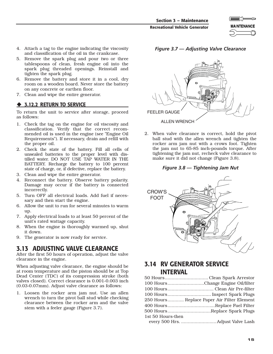 13 adjusting valve clearance, 14 rv generator service interval | Generac Power Systems 004709-0 User Manual | Page 17 / 52