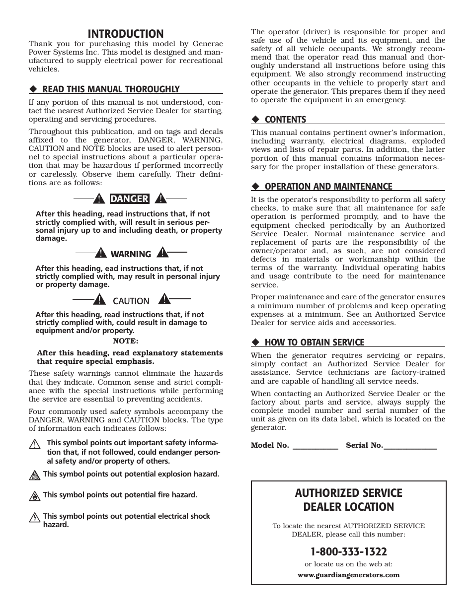 Introduction, Authorized service dealer location | Generac Power Systems 004709-0 User Manual | Page 2 / 52