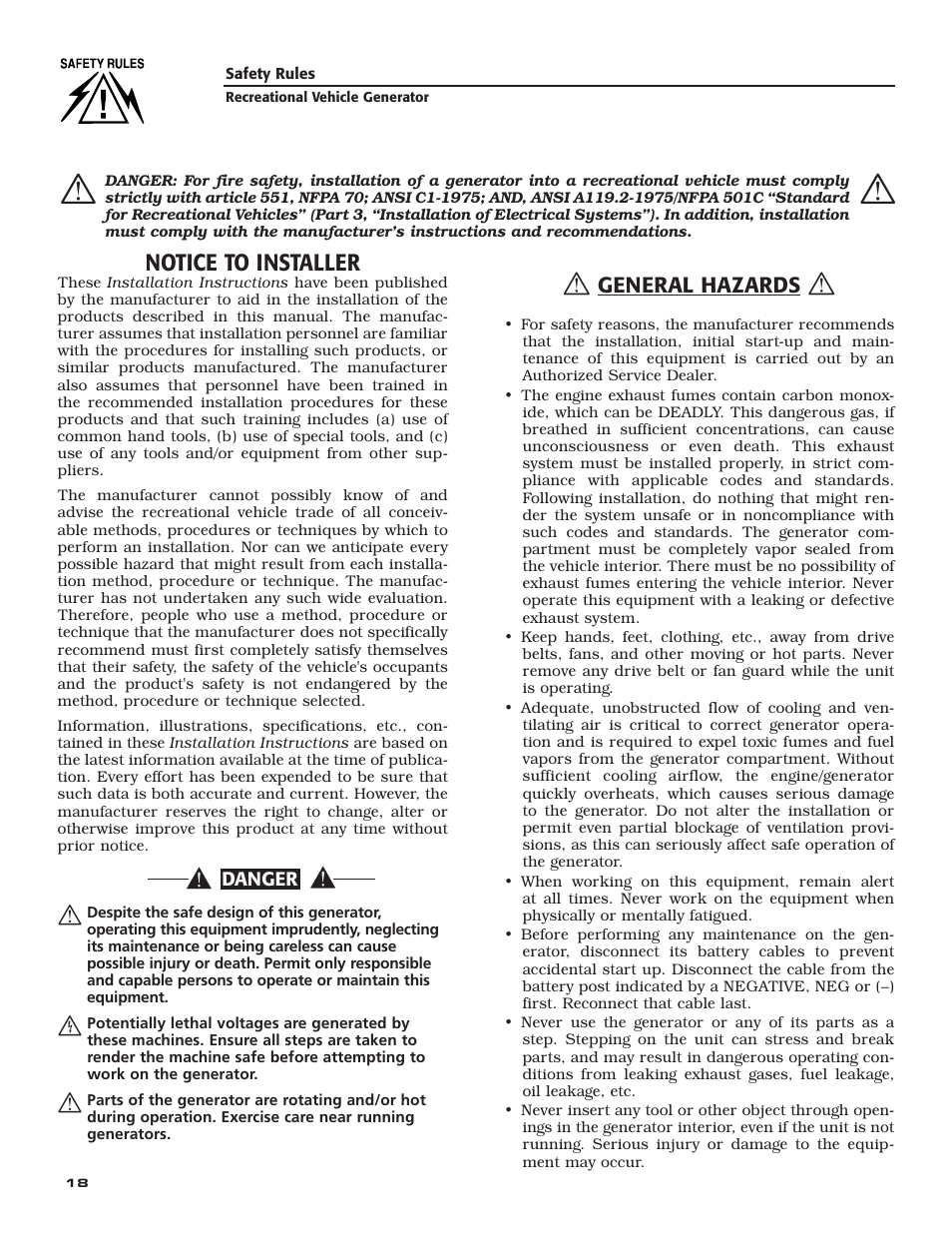 Notice to installer, General hazards | Generac Power Systems 004709-0 User Manual | Page 20 / 52