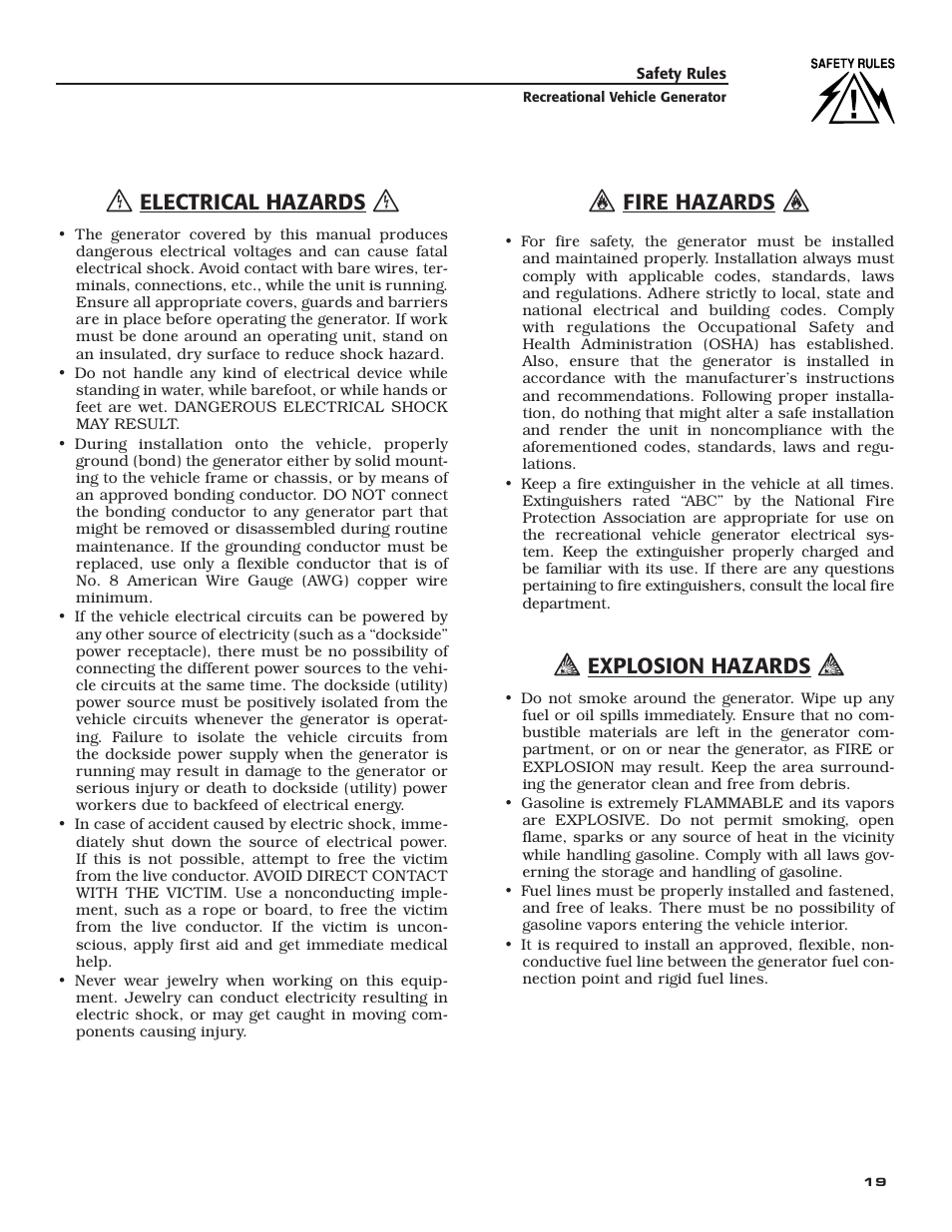 Electrical hazards, Fire hazards, Explosion hazards | Generac Power Systems 004709-0 User Manual | Page 21 / 52