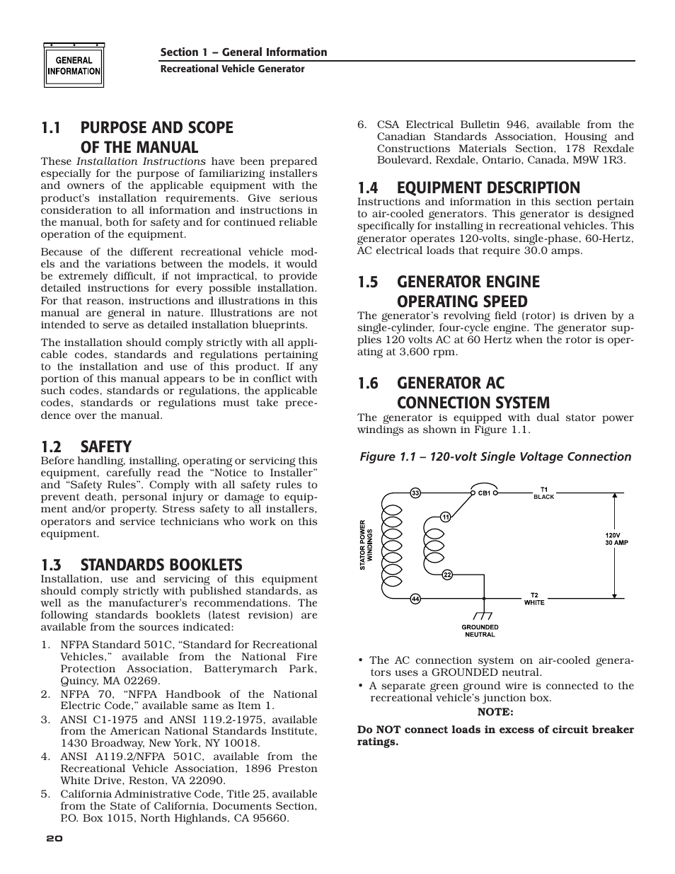1 purpose and scope of the manual, 2 safety, 3 standards booklets | 4 equipment description, 5 generator engine operating speed, 6 generator ac connection system | Generac Power Systems 004709-0 User Manual | Page 22 / 52