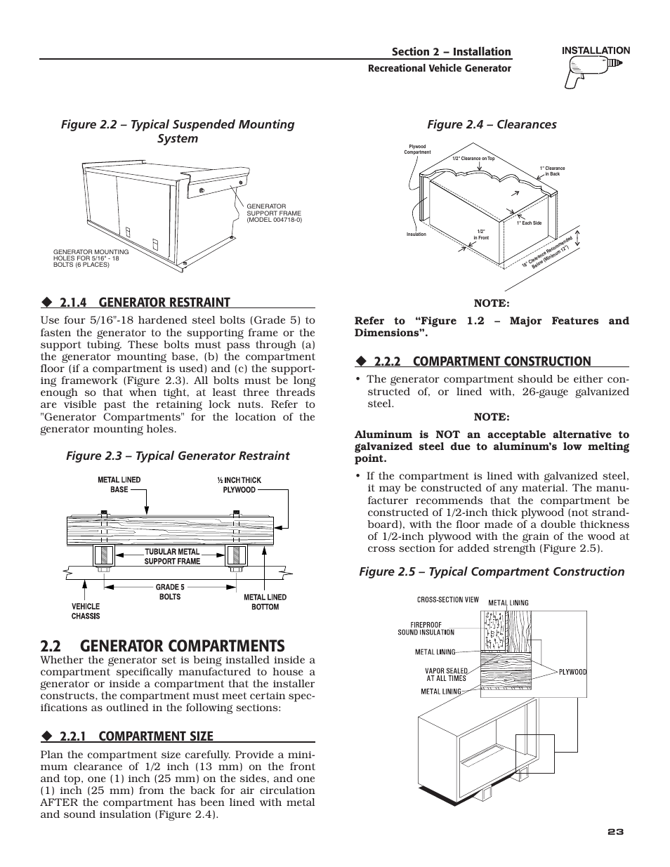 2 generator compartments, 4 generator restraint, 1 compartment size | 2 compartment construction, Figure 2.2 – typical suspended mounting system, Figure 2.3 – typical generator restraint, Figure 2.4 – clearances, Figure 2.5 – typical compartment construction | Generac Power Systems 004709-0 User Manual | Page 25 / 52