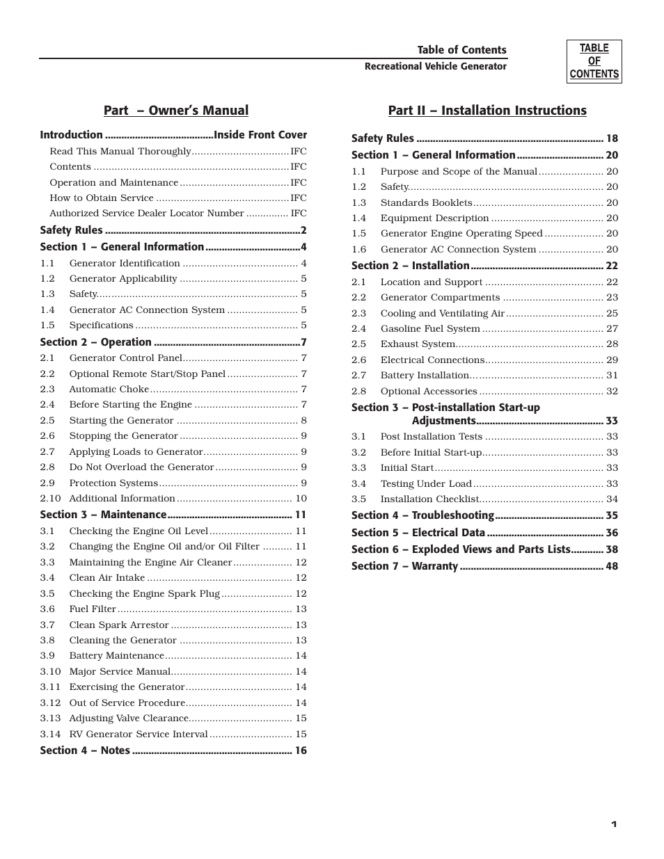 Part – owner’s manual, Part ii – installation instructions | Generac Power Systems 004709-0 User Manual | Page 3 / 52