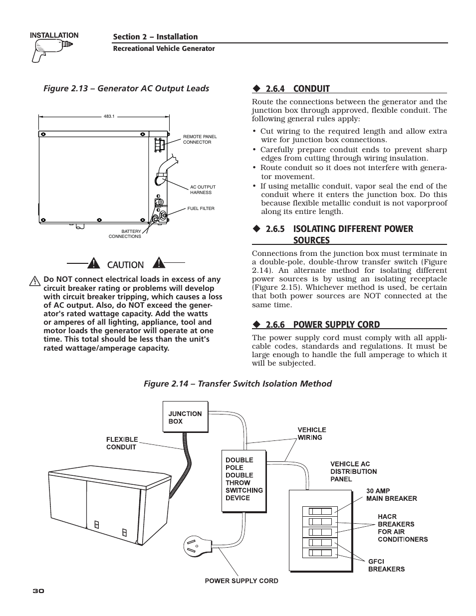 4 conduit, 5 isolating different power sources, 6 power supply cord | Figure 2.13 – generator ac output leads, Figure 2.14 – transfer switch isolation method, Recreational vehicle generator | Generac Power Systems 004709-0 User Manual | Page 32 / 52