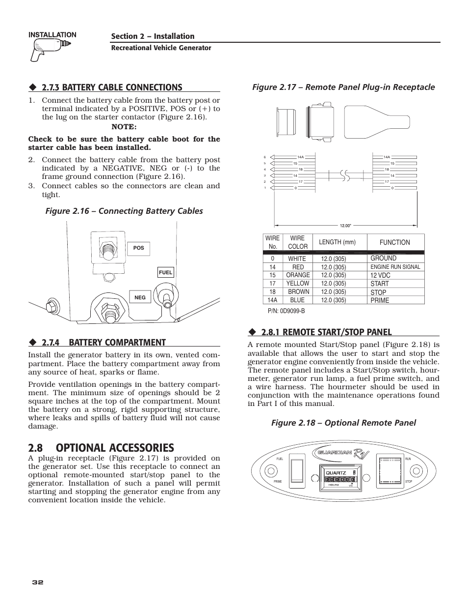 8 optional accessories, 3 battery cable connections, 4 battery compartment | 1 remote start/stop panel, Figure 2.16 – connecting battery cables, Figure 2.17 – remote panel plug-in receptacle, Figure 2.18 – optional remote panel | Generac Power Systems 004709-0 User Manual | Page 34 / 52