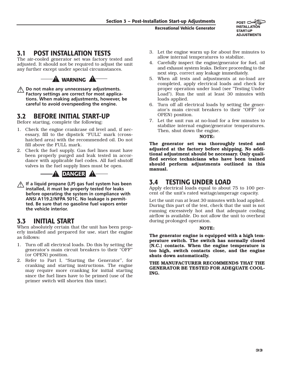 1 post installation tests, 2 before initial start-up, 3 initial start | 4 testing under load | Generac Power Systems 004709-0 User Manual | Page 35 / 52