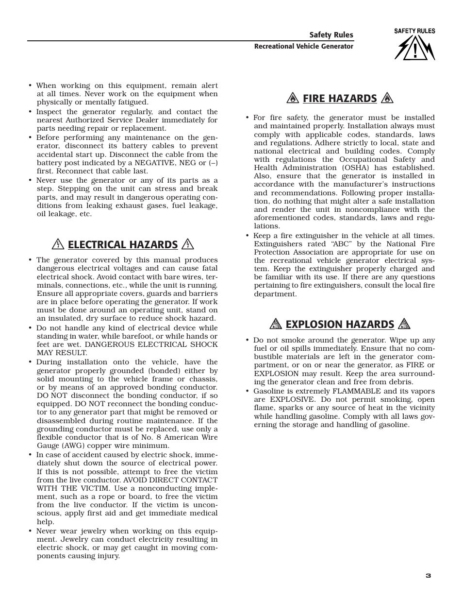 Electrical hazards, Fire hazards, Explosion hazards | Generac Power Systems 004709-0 User Manual | Page 5 / 52