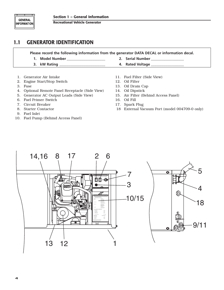 1 generator identification | Generac Power Systems 004709-0 User Manual | Page 6 / 52