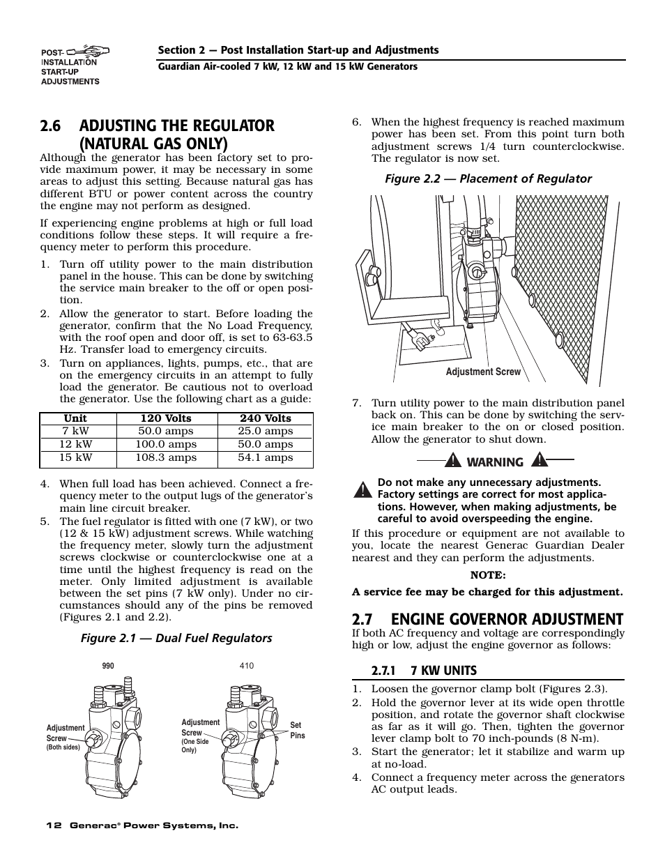 6 adjusting the regulator (natural gas only), 7 engine governor adjustment | Generac Power Systems 04390-1 User Manual | Page 14 / 60