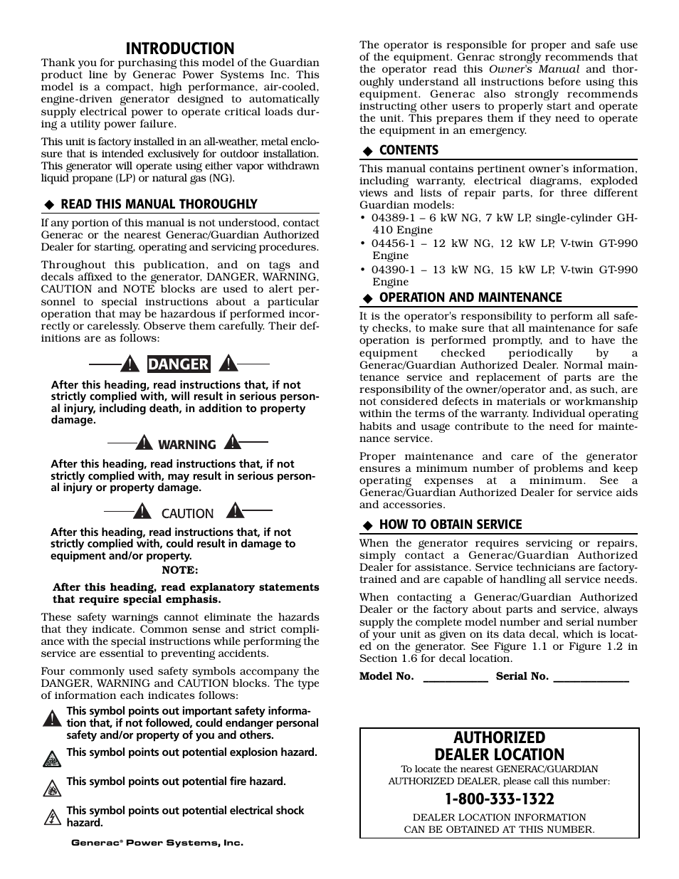 Introduction, Authorized dealer location, Danger | Generac Power Systems 04390-1 User Manual | Page 2 / 60