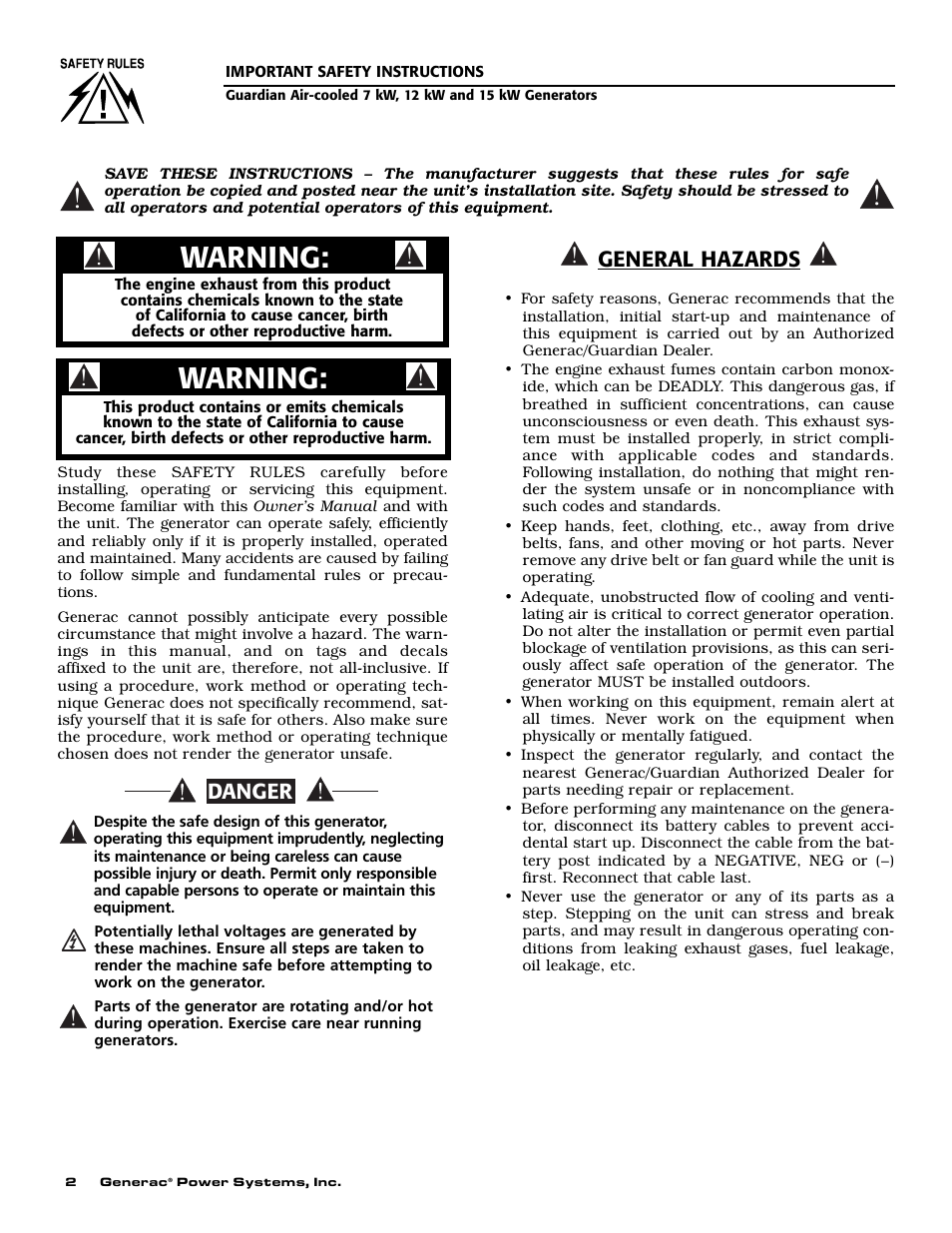Warning, General hazards, Danger | Generac Power Systems 04390-1 User Manual | Page 4 / 60