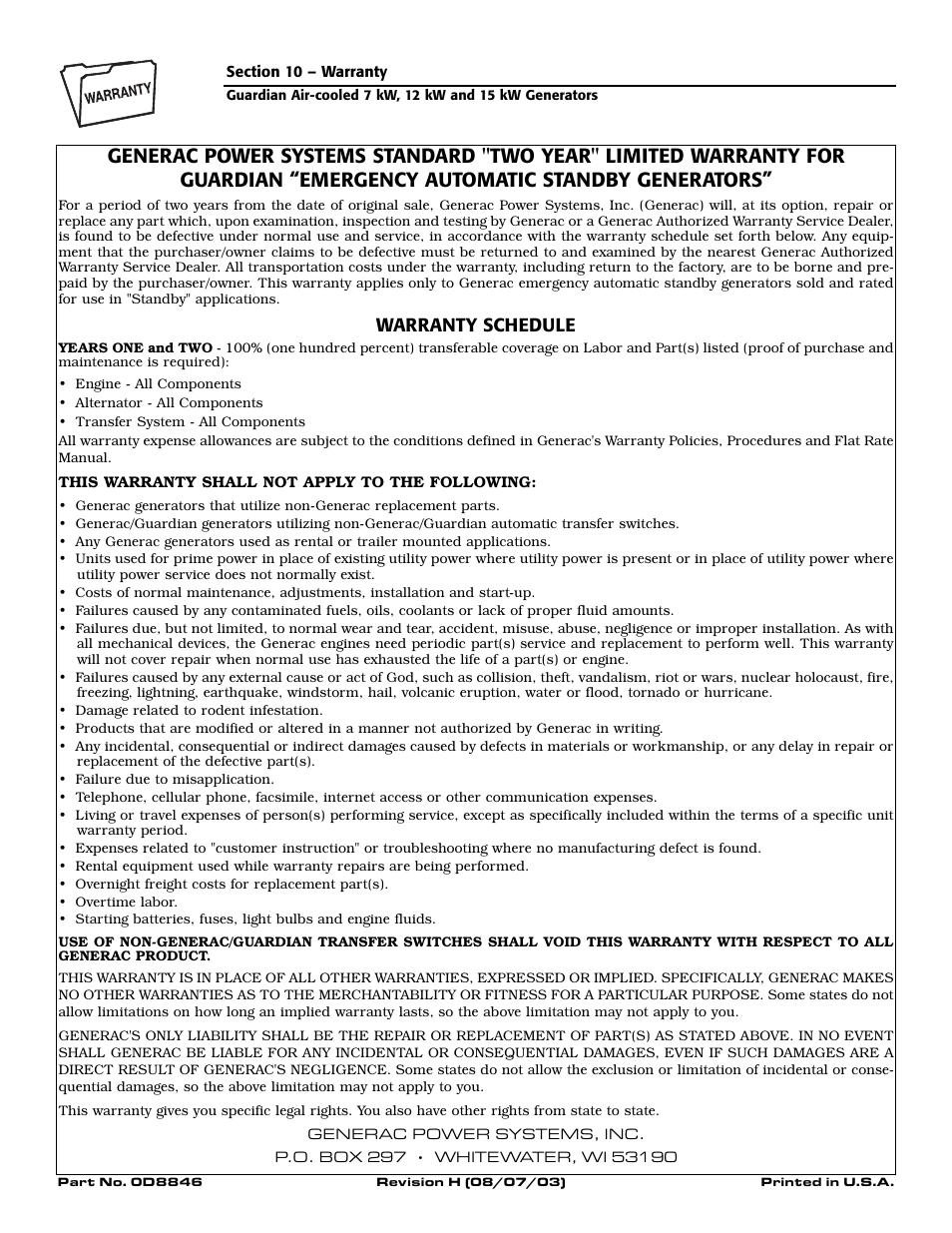 Warranty schedule | Generac Power Systems 04390-1 User Manual | Page 60 / 60