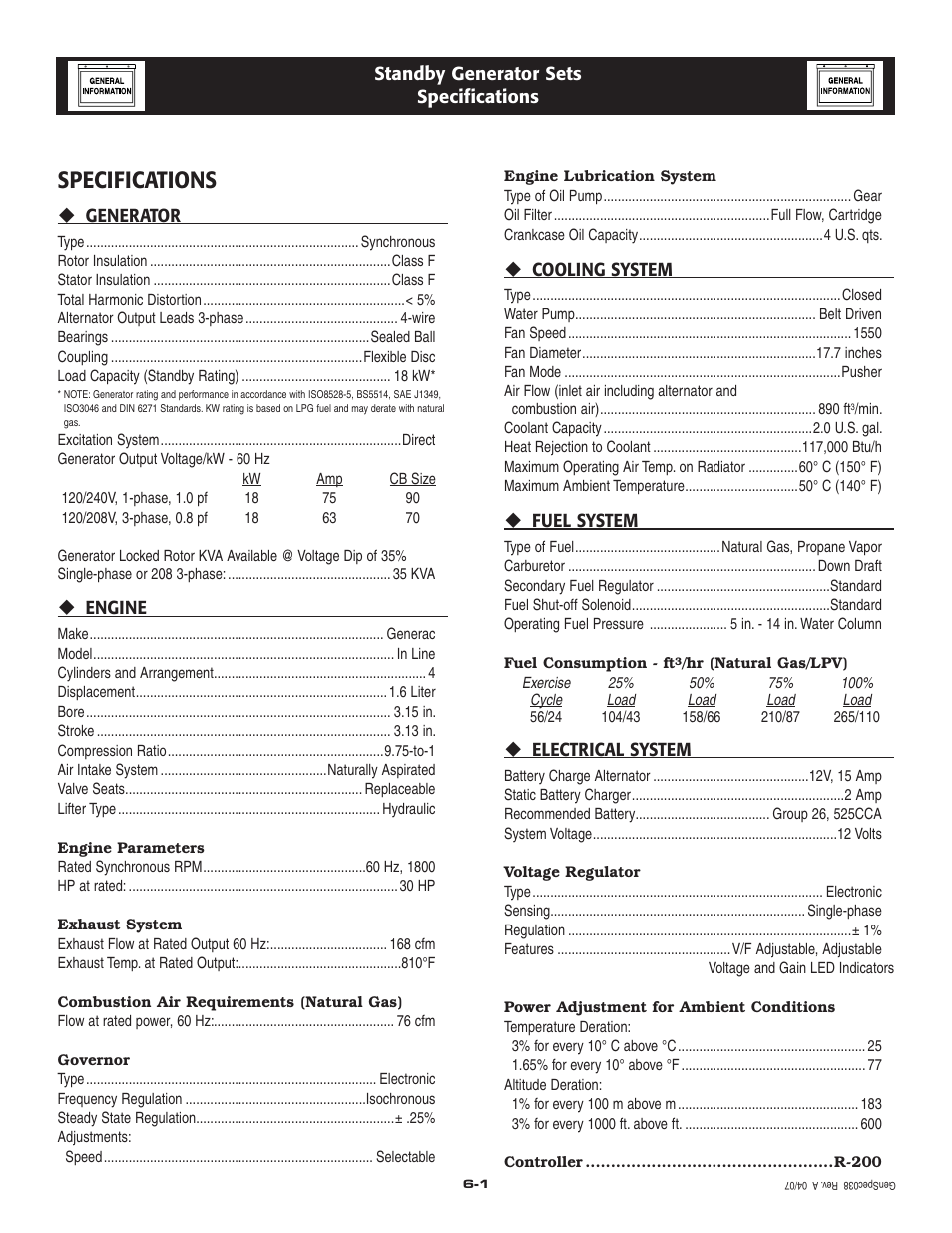 Specifications | Generac Power Systems 1.6L 18 kW User Manual | Page 10 / 64