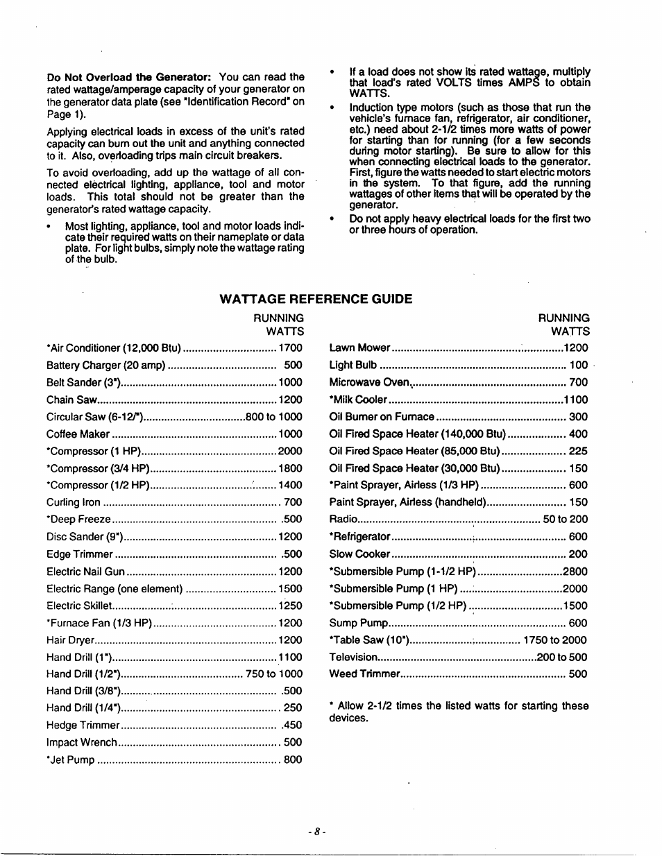 Wattage reference guide | Generac Power Systems 9592-3 User Manual | Page 10 / 36