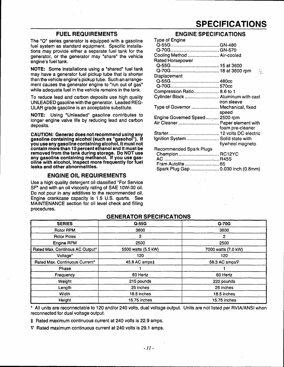 Specifications, Engine specifications, Fuel requirements | Engine oil requirements, Generator specifications | Generac Power Systems 9592-3 User Manual | Page 13 / 36