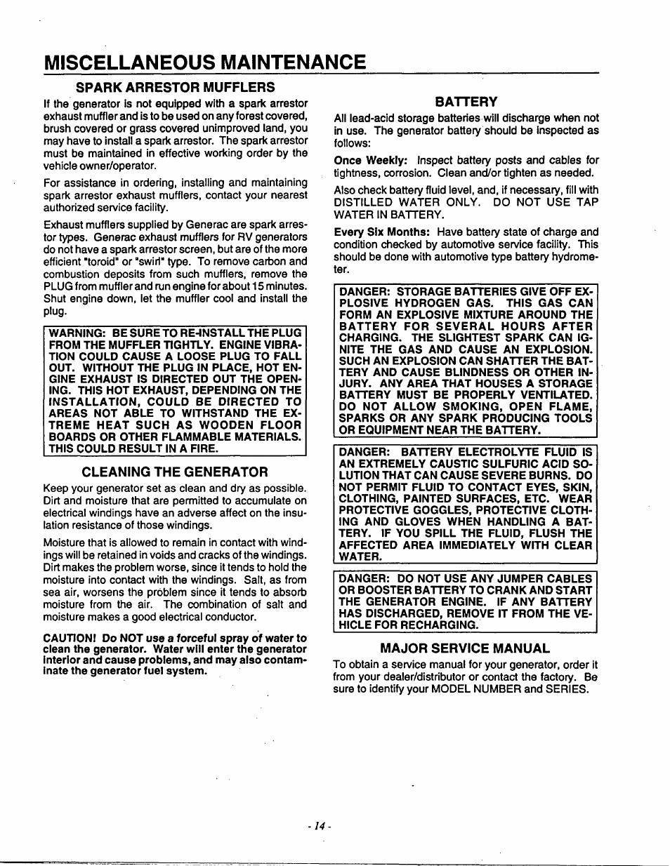 Miscellaneous maintenance, Spark arrestor mufflers, Cleaning the generator | Battery, Major service manual | Generac Power Systems 9592-3 User Manual | Page 16 / 36