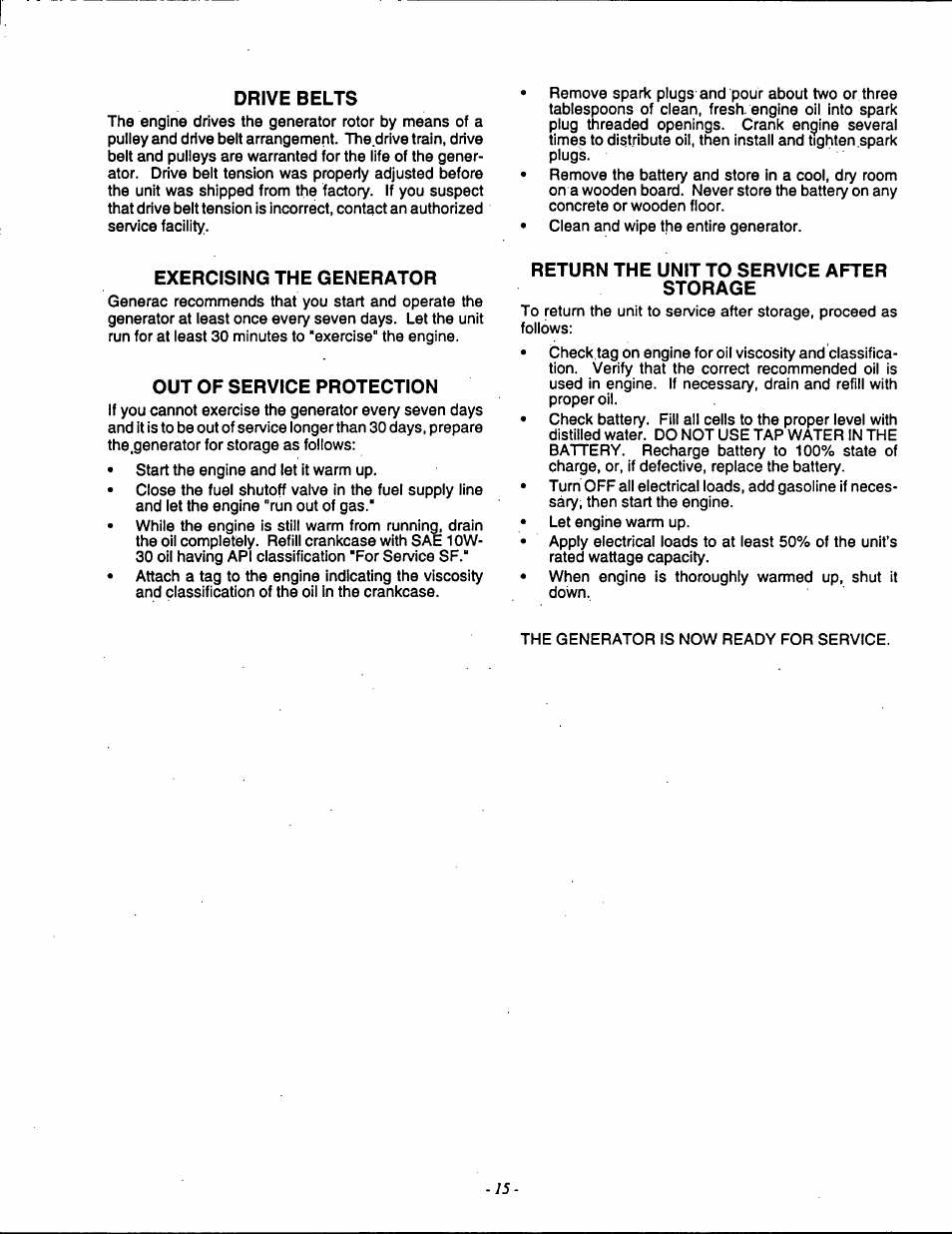 Drive belts, Exercising the generator, Out of service protection | Return the unit to service after storage | Generac Power Systems 9592-3 User Manual | Page 17 / 36