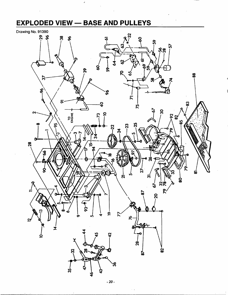 Exploded view — base and pulleys | Generac Power Systems 9592-3 User Manual | Page 22 / 36