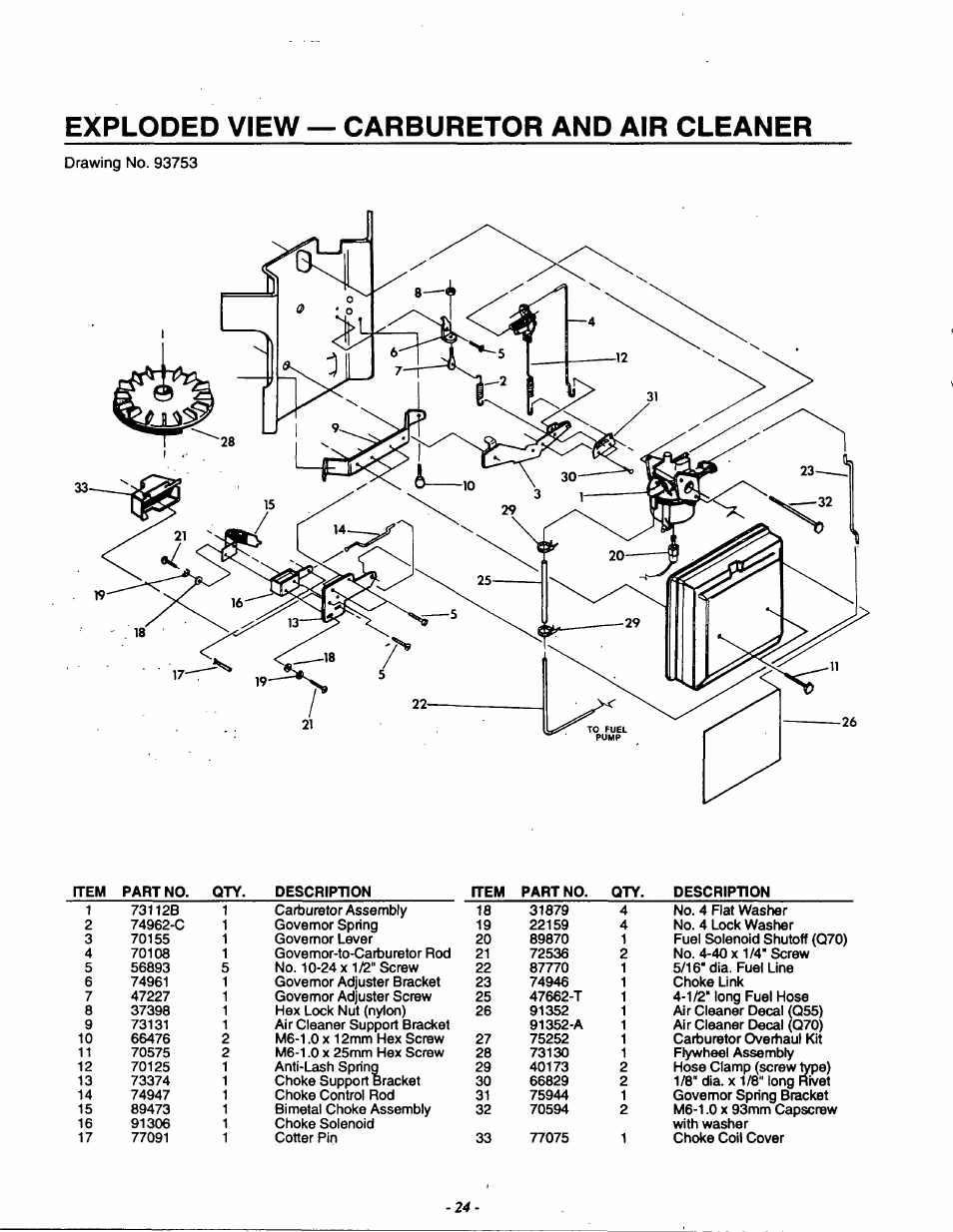 Exploded view — carburetor and air cleaner | Generac Power Systems 9592-3 User Manual | Page 26 / 36