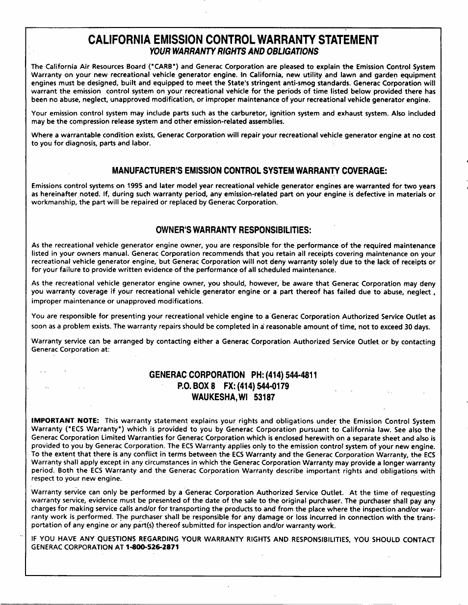 California emission control warranty statement, Owner's warranty responsibilities | Generac Power Systems 9592-3 User Manual | Page 34 / 36