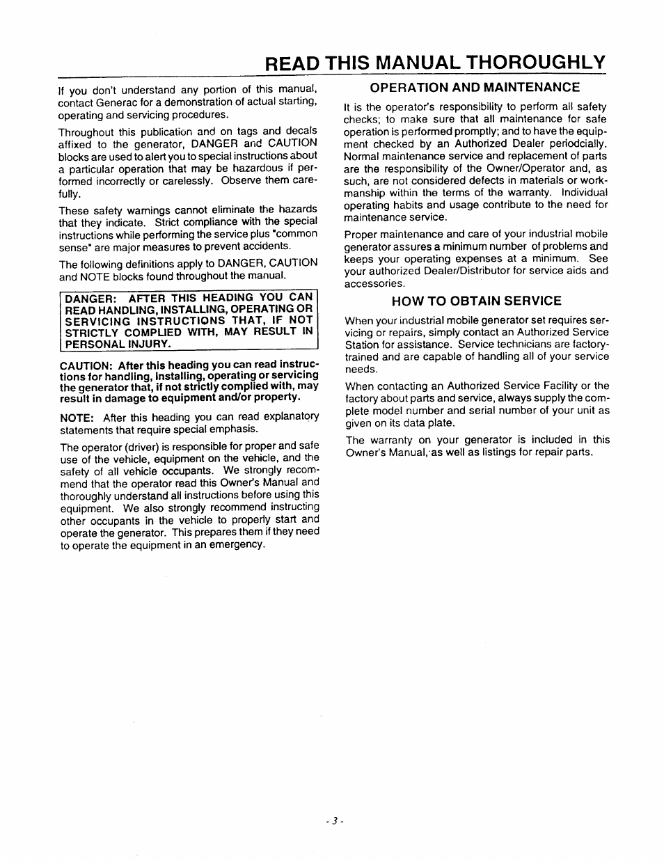 Read this manual thoroughly, Operation and maintenance, How to obtain service | Generac Power Systems 9592-3 User Manual | Page 5 / 36