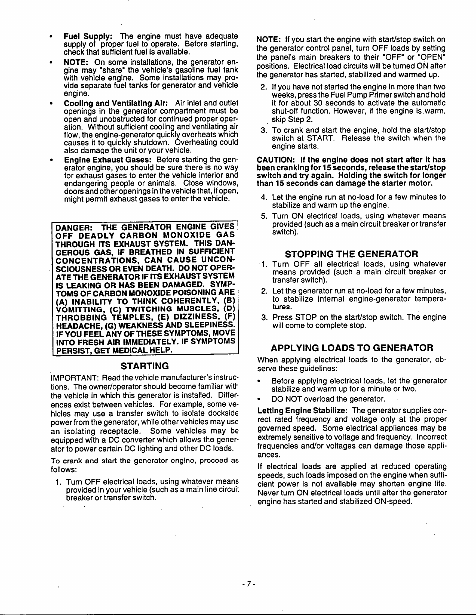 Starting, Stopping the generator, Applying loads to generator | Generac Power Systems 9592-3 User Manual | Page 9 / 36