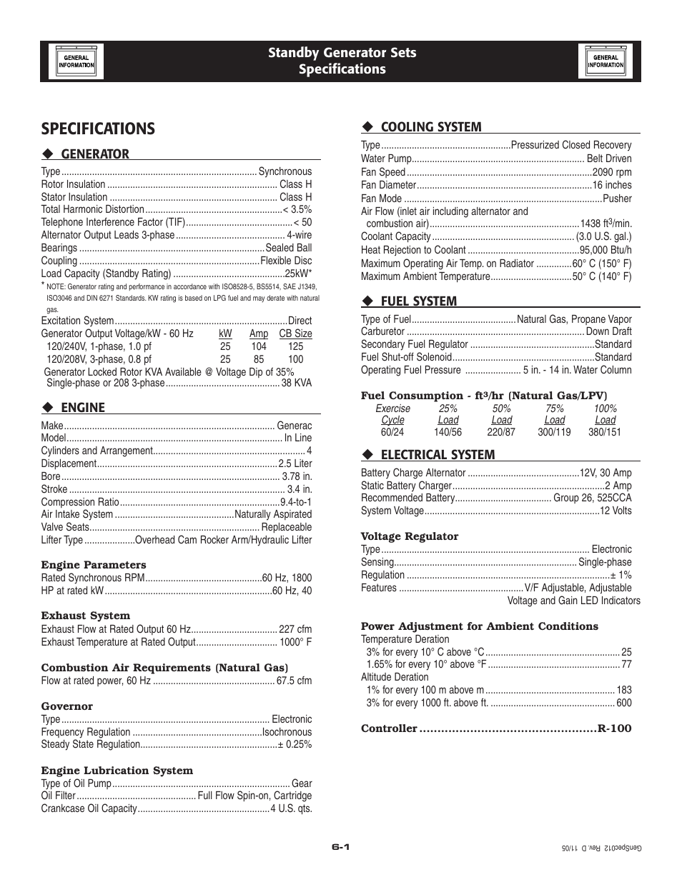 Specifications | Generac Power Systems 005213-0 User Manual | Page 10 / 52