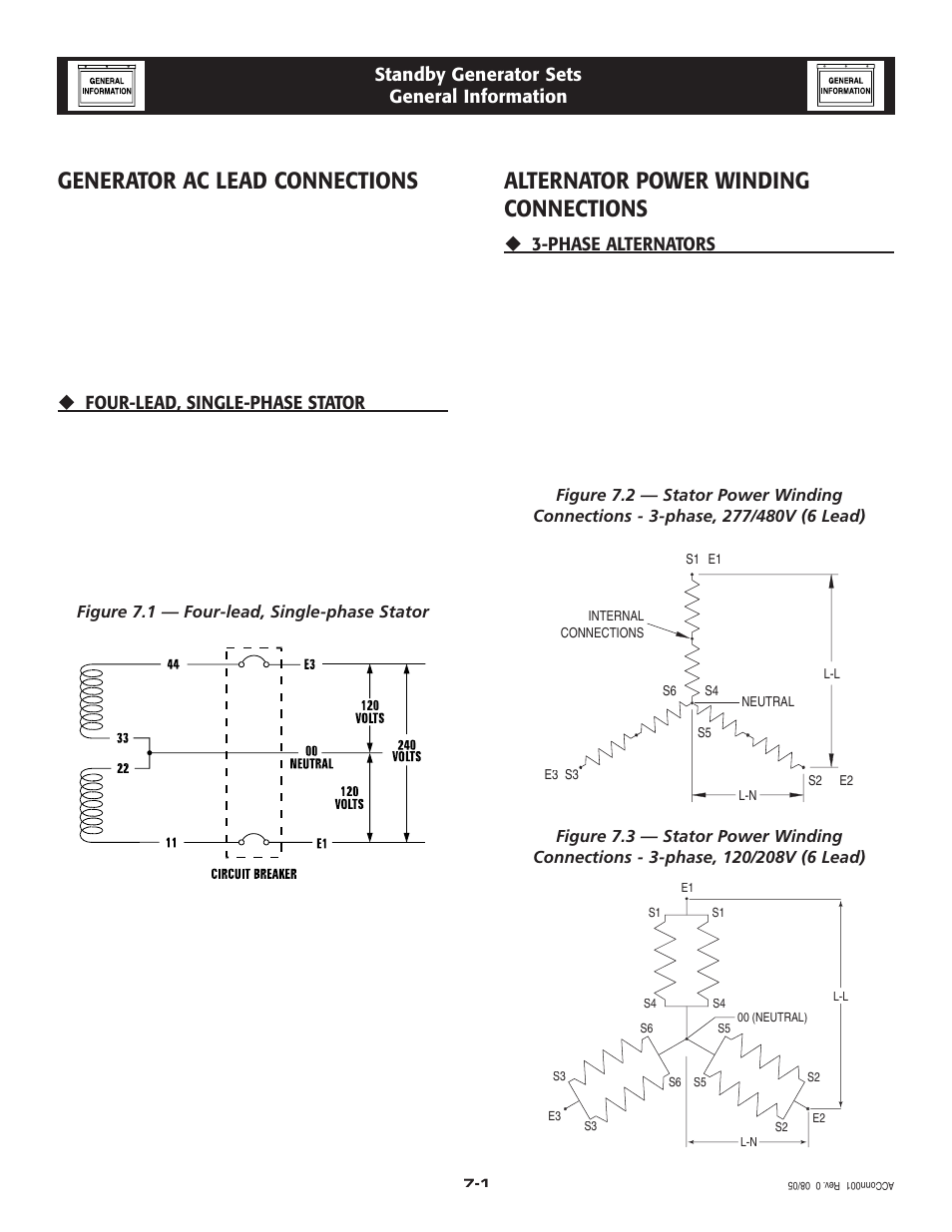 Generator ac lead connections, Alternator power winding connections, Four-lead, single-phase stator | Phase alternators, Standby generator sets general information | Generac Power Systems 005213-0 User Manual | Page 12 / 52