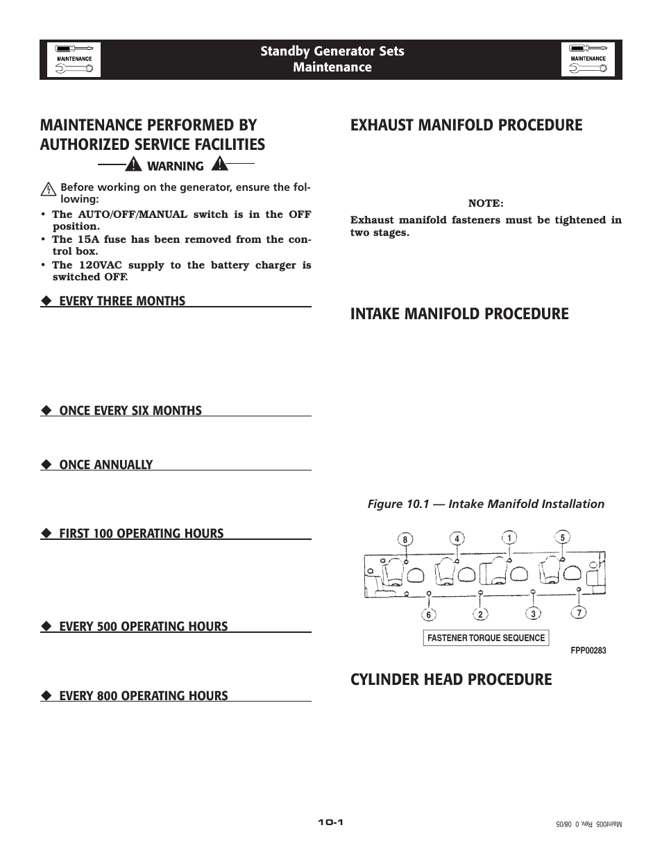 Exhaust manifold procedure, Intake manifold procedure, Cylinder head procedure | Generac Power Systems 005213-0 User Manual | Page 16 / 52