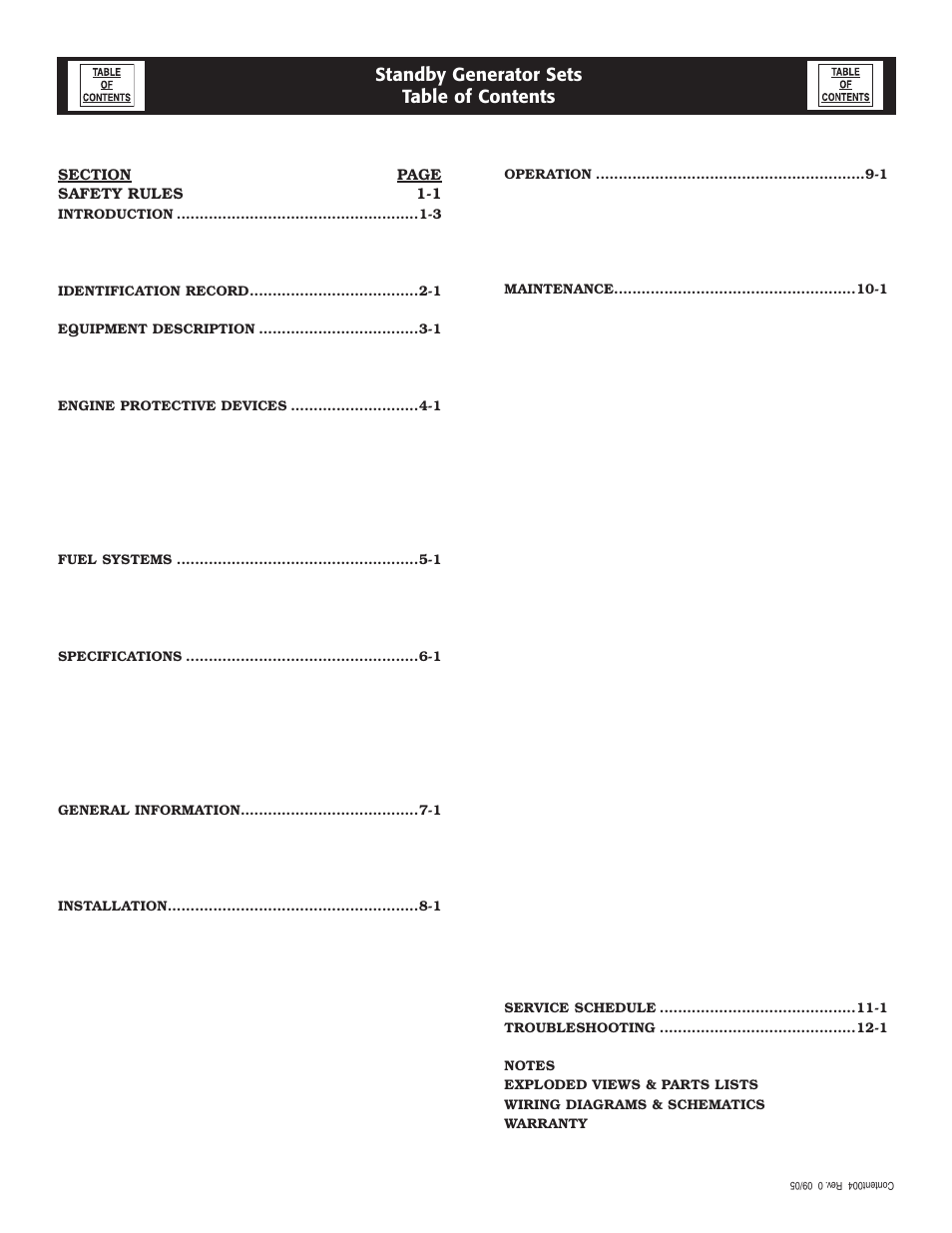 Standby generator sets table of contents | Generac Power Systems 005213-0 User Manual | Page 2 / 52