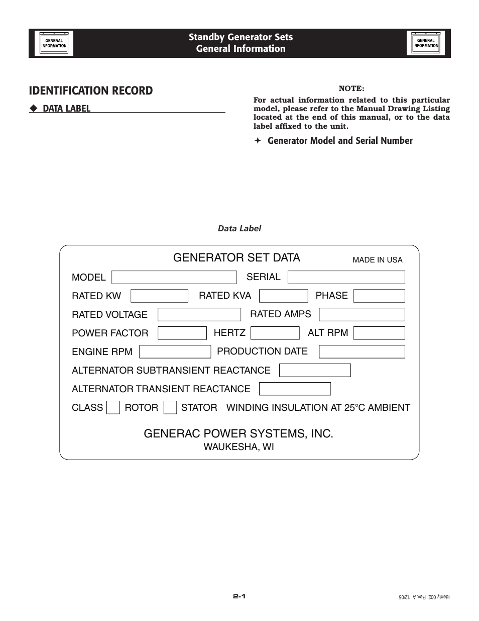 Identification record, Generac power systems, inc, Generator set data | Generac Power Systems 005213-0 User Manual | Page 6 / 52