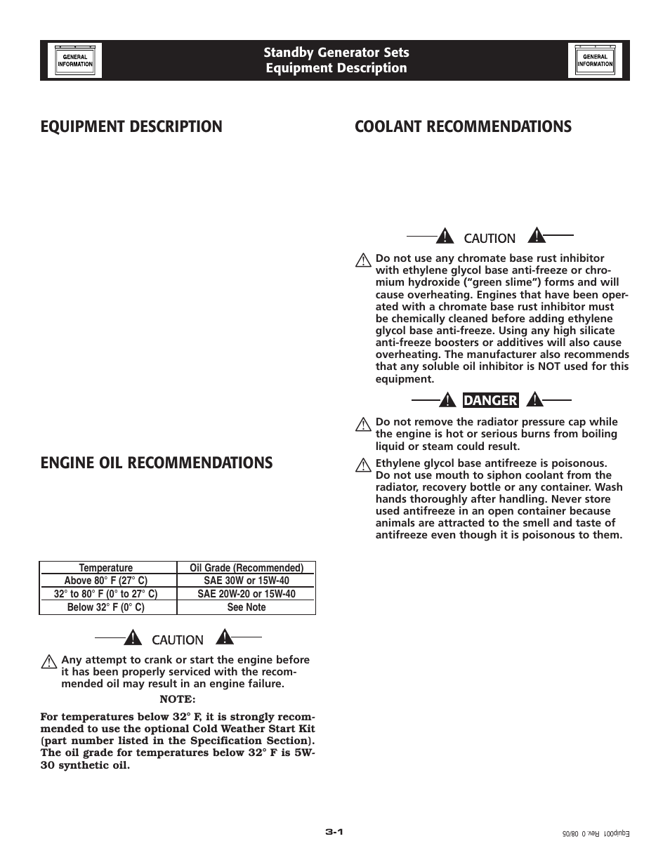 Equipment description, Engine oil recommendations, Coolant recommendations | Generac Power Systems 005213-0 User Manual | Page 7 / 52
