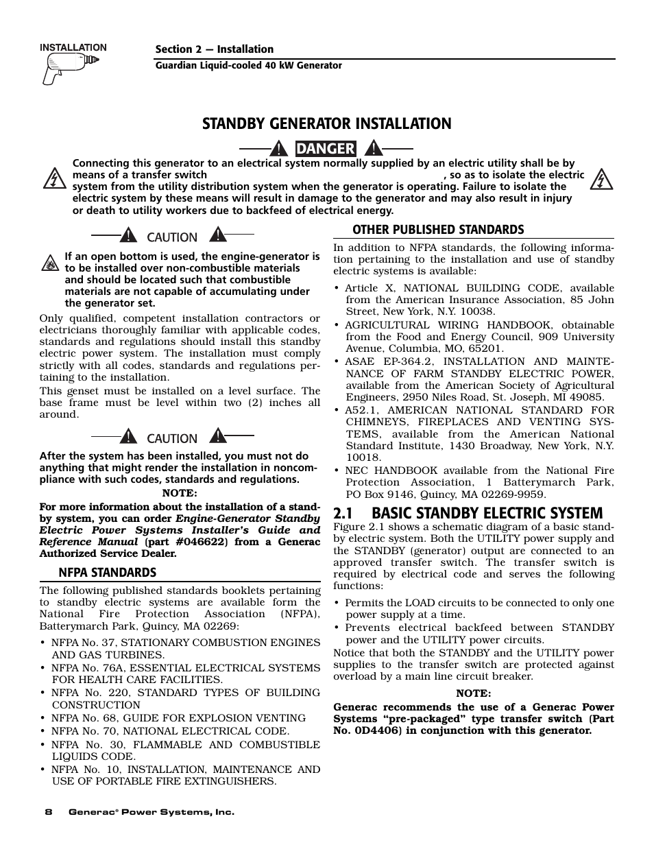 1 basic standby electric system, Standby generator installation, Danger | Generac Power Systems 0046262 User Manual | Page 10 / 64