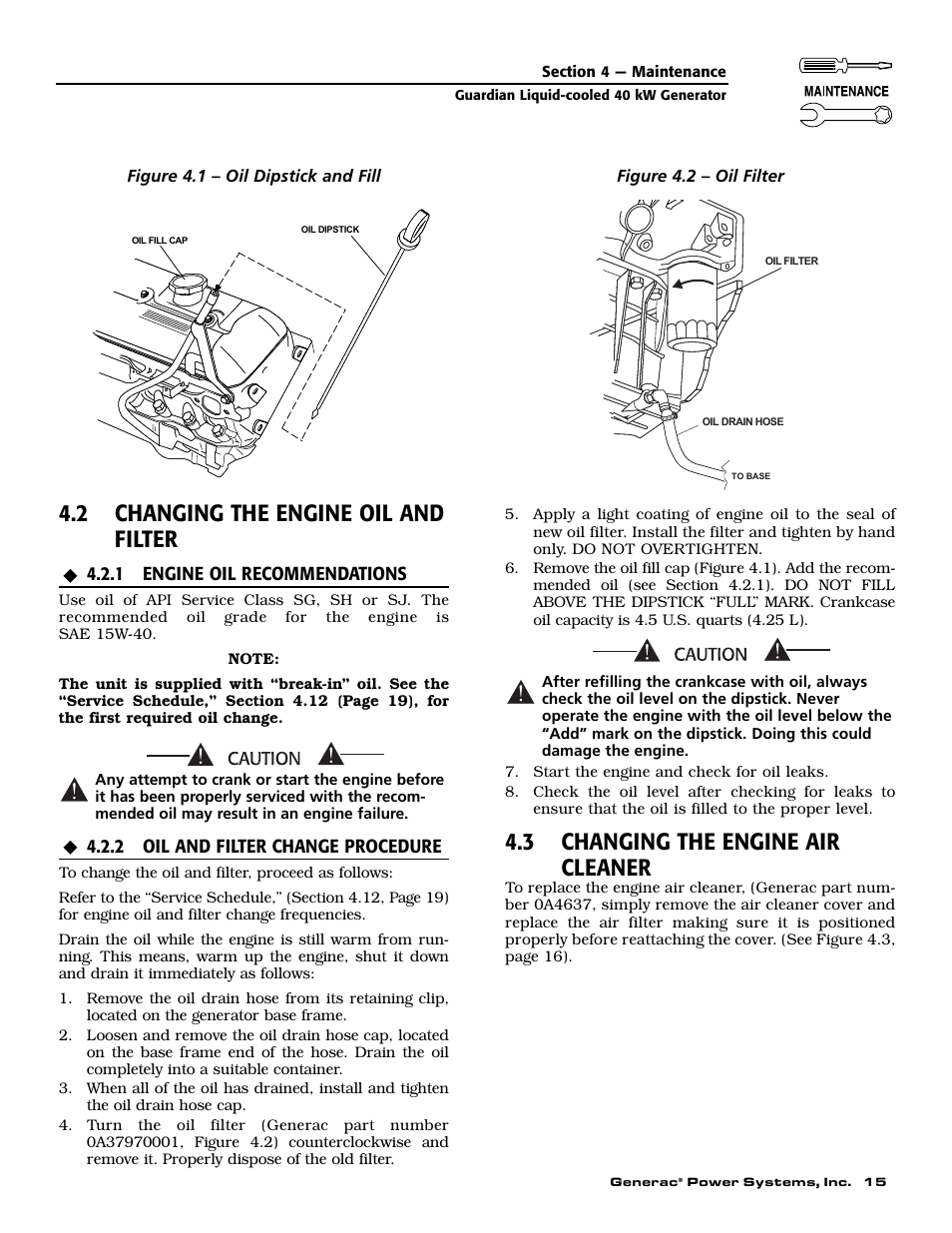 2 changing the engine oil and filter, 3 changing the engine air cleaner | Generac Power Systems 0046262 User Manual | Page 17 / 64