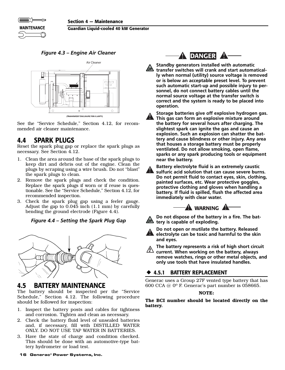 4 spark plugs, 5 battery maintenance, Danger | Generac Power Systems 0046262 User Manual | Page 18 / 64