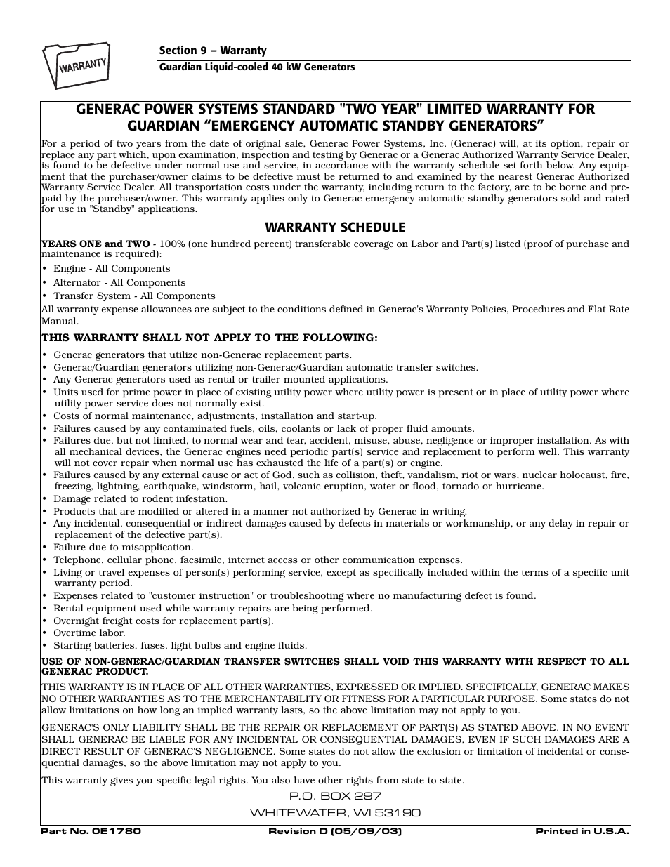 Warranty schedule | Generac Power Systems 0046262 User Manual | Page 64 / 64