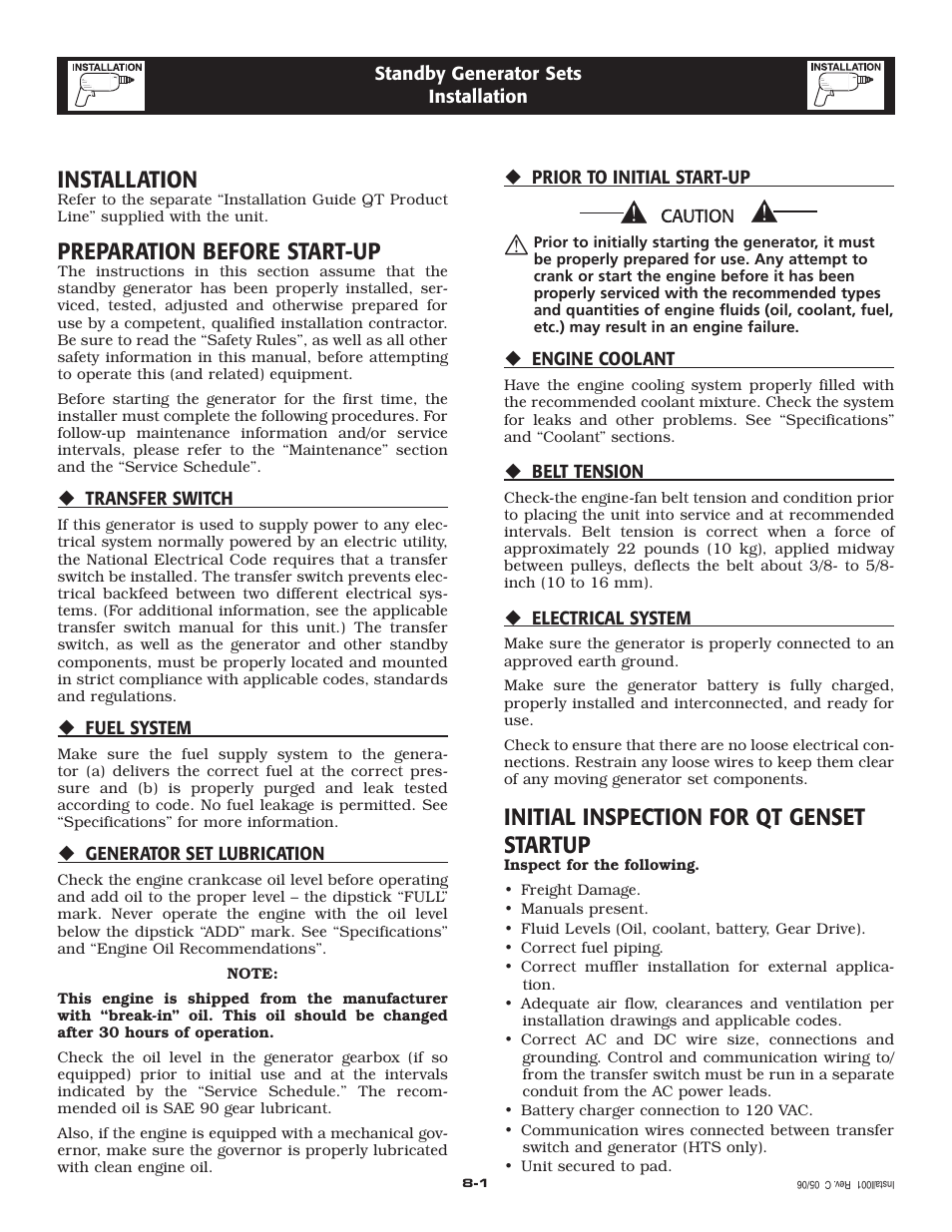 Installation, Preparation before start-up, Initial inspection for qt genset startup | Generac Power Systems 005336-0 User Manual | Page 13 / 64