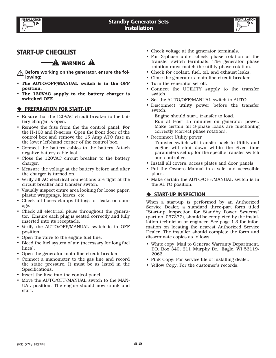 Start-up checklist | Generac Power Systems 005336-0 User Manual | Page 14 / 64