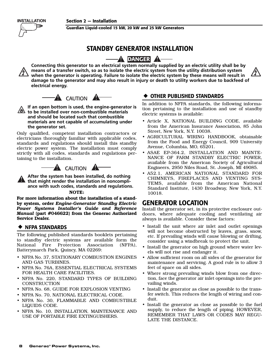 Generator location, Standby generator installation, Danger | Generac Power Systems 004475-1 User Manual | Page 10 / 60