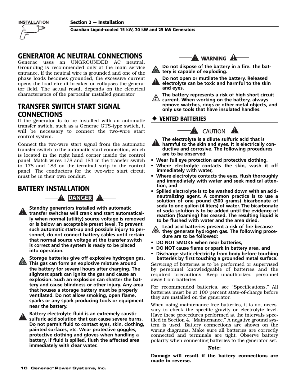 Generator ac neutral connections, Transfer switch start signal connections, Battery installation | Generac Power Systems 004475-1 User Manual | Page 12 / 60