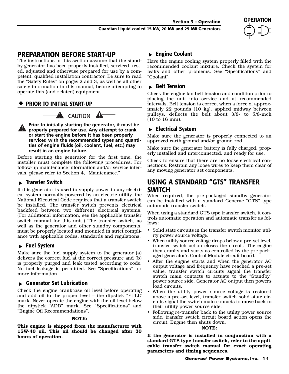 Preparation before start-up, Using a standard “gts” transfer switch | Generac Power Systems 004475-1 User Manual | Page 13 / 60