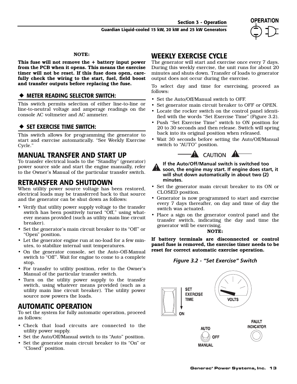 Manual transfer and start up, Retransfer and shutdown, Automatic operation | Weekly exercise cycle | Generac Power Systems 004475-1 User Manual | Page 15 / 60