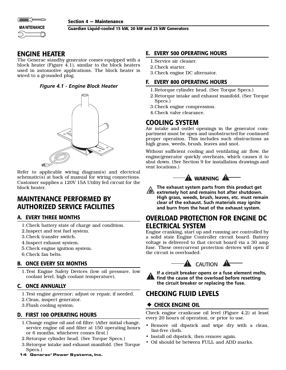 Engine heater, Cooling system, Checking fluid levels | Generac Power Systems 004475-1 User Manual | Page 16 / 60