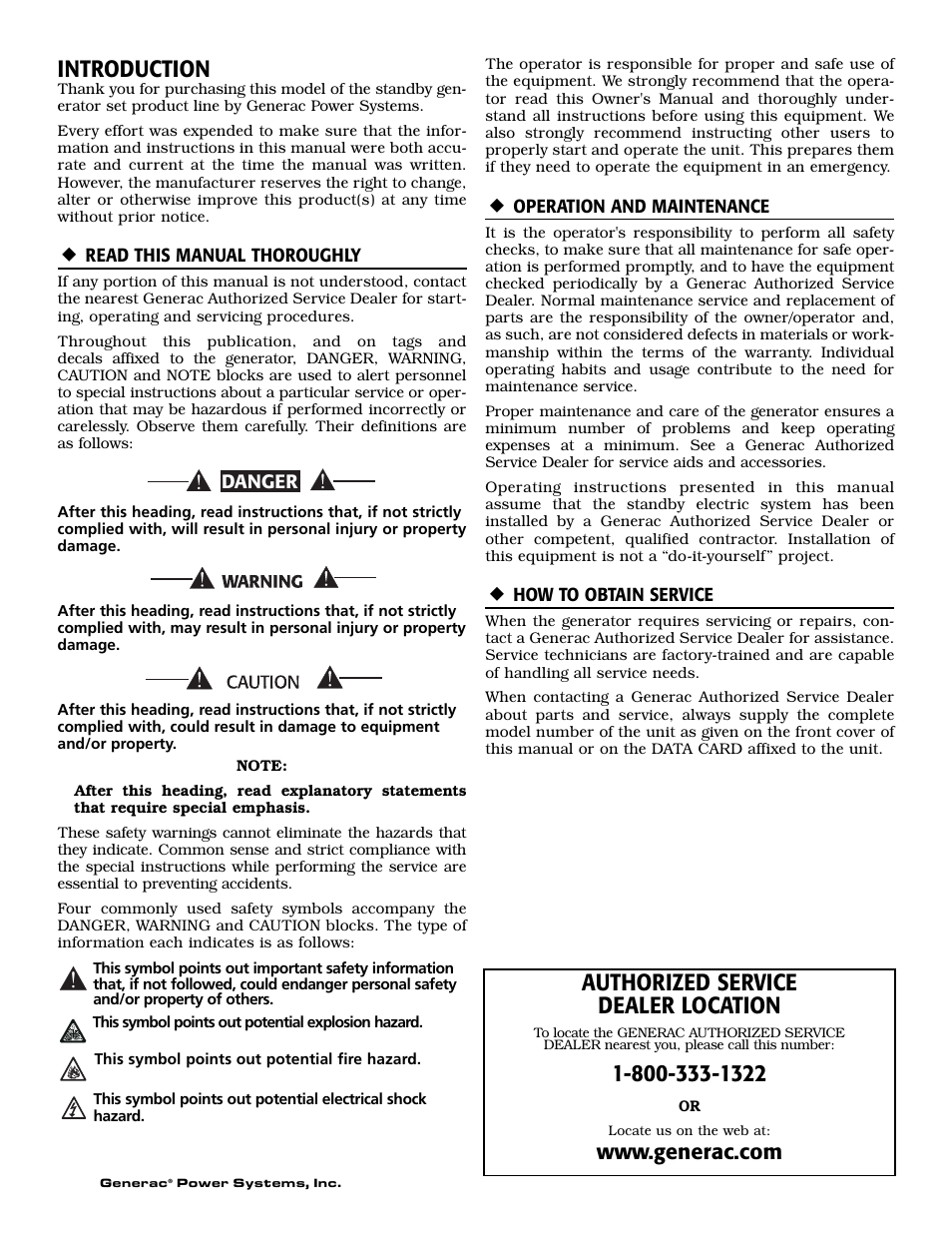 Introduction, Authorized service dealer location | Generac Power Systems 004475-1 User Manual | Page 2 / 60